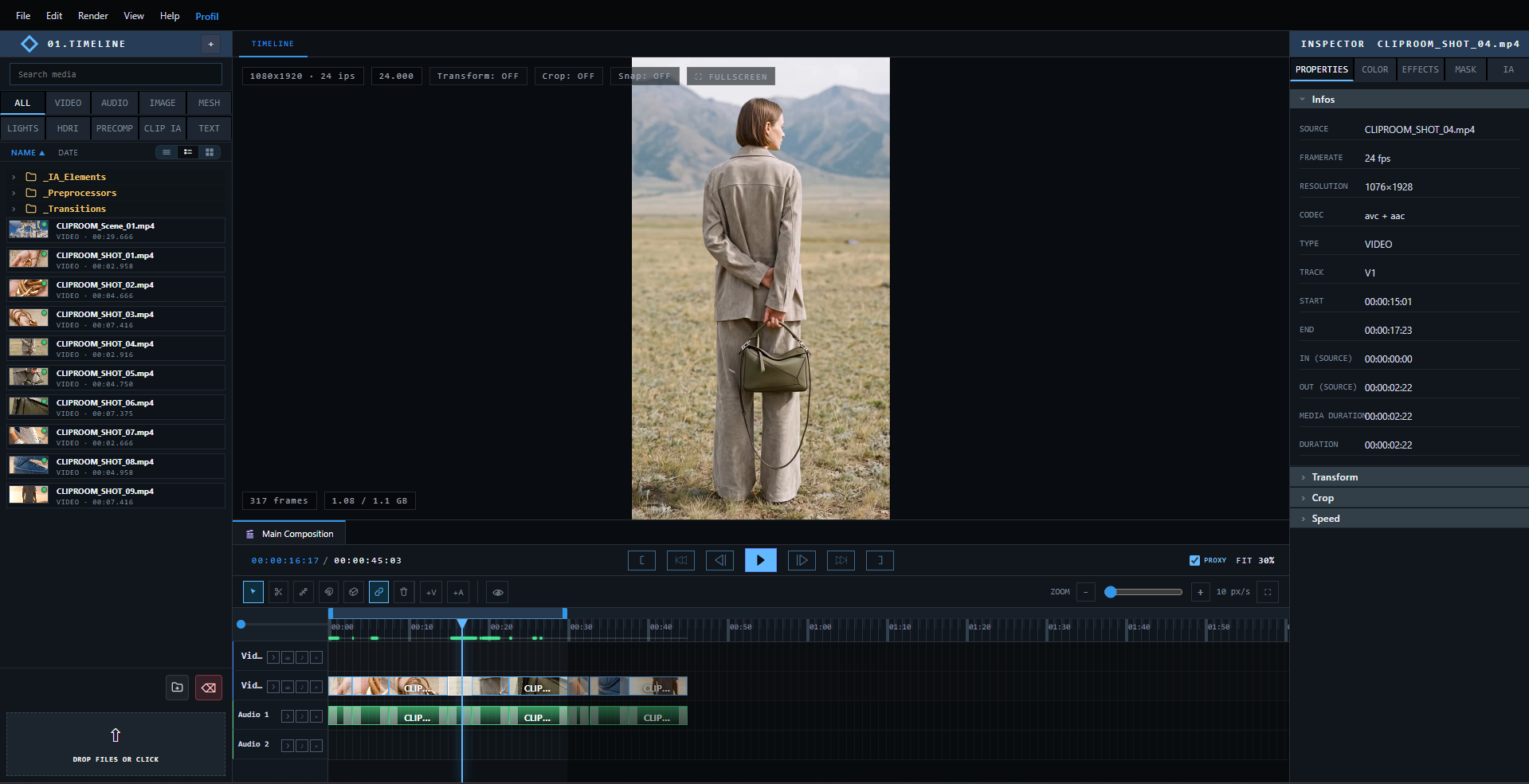 CLIP ROOM's multi-track timeline editor